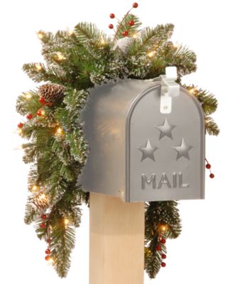 National Tree Company - 3' Glittery Mountain Spruce Mailbox Swag With Pine Cones, Berries & 35 LED Lights