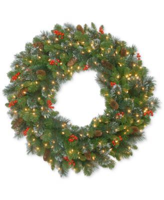 National Tree Company - 30" Crestwood Spruce Wreath With Pine Cones, Berries, Glitter & 70 Clear Lights