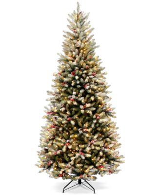 National Tree Company - 7.5' Dunhill Fir Slim Hinged Tree with Snow, Red Berries, Pine Cones & 600 Clear Lights