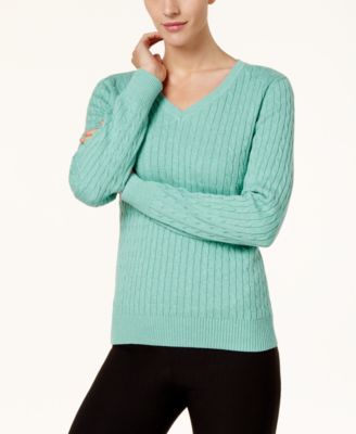 Karen Scott - Cotton V-Neck Cable-Knit Sweater
