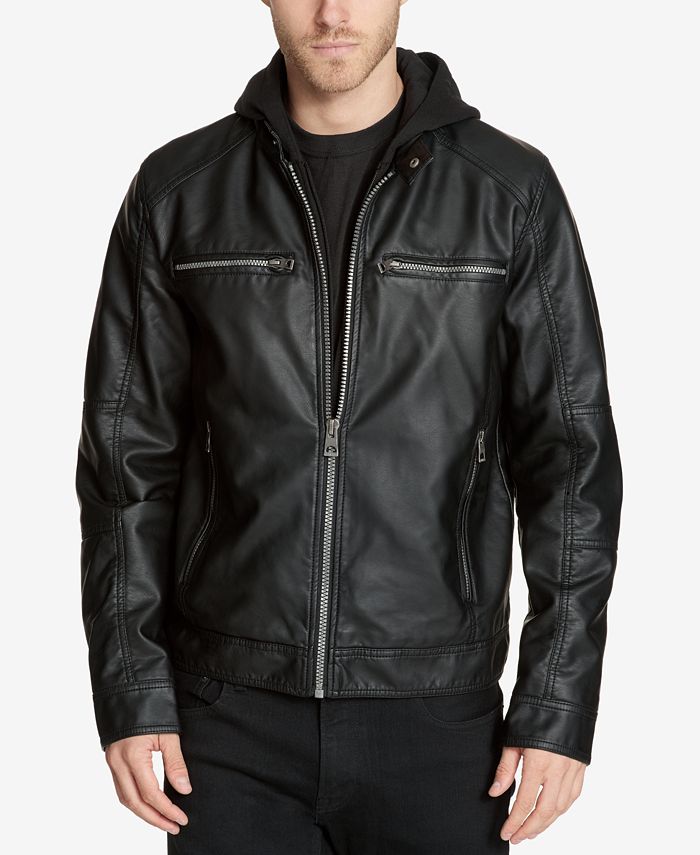 GUESS - Men's Faux-Leather Detachable-Hood Motorcycle Jacket
