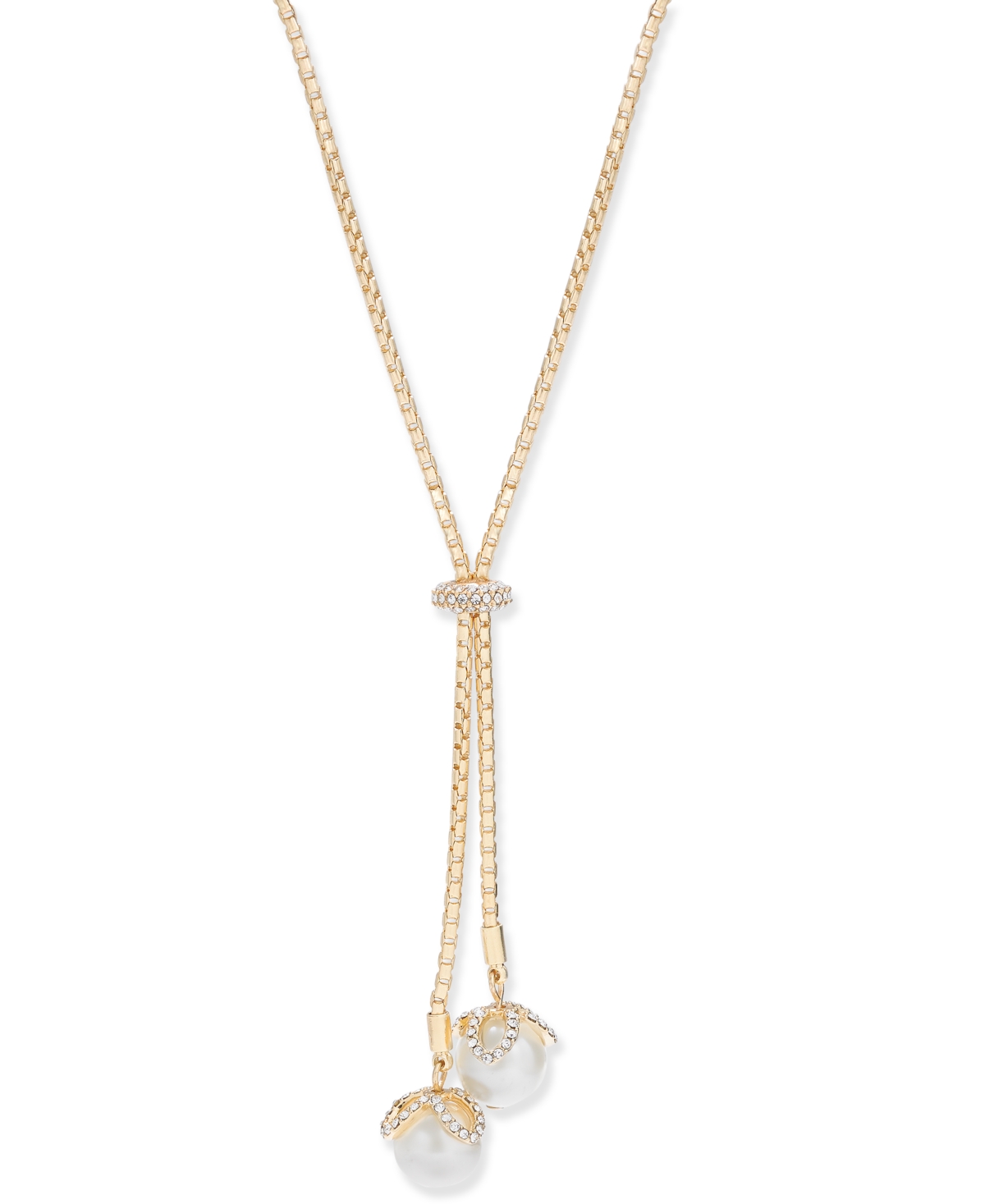 Pave & Imitation Pearl Lariat Necklace, 36" + 2" extender, Exclusively at Macy's - Gold