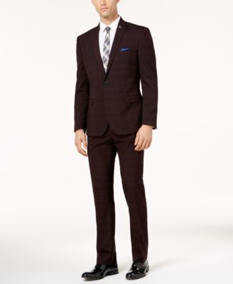 Nick Graham - Men's Slim-Fit Stretch Burgundy Windowpane Suit