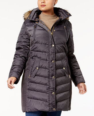 Michael Kors Plus Size Faux-Fur-Trim Down Coat, Created for Macy's ...