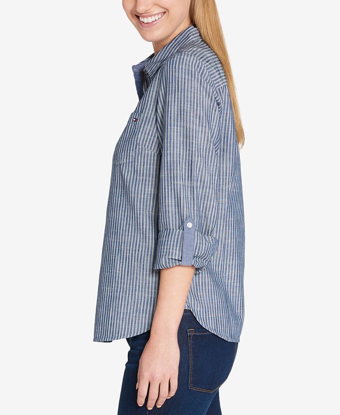 Tommy Hilfiger Core Striped Roll-Tab Shirt, Created for Macy's - Macy's