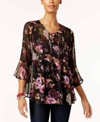 Style & Co - Sheer Floral-Print Peasant Top