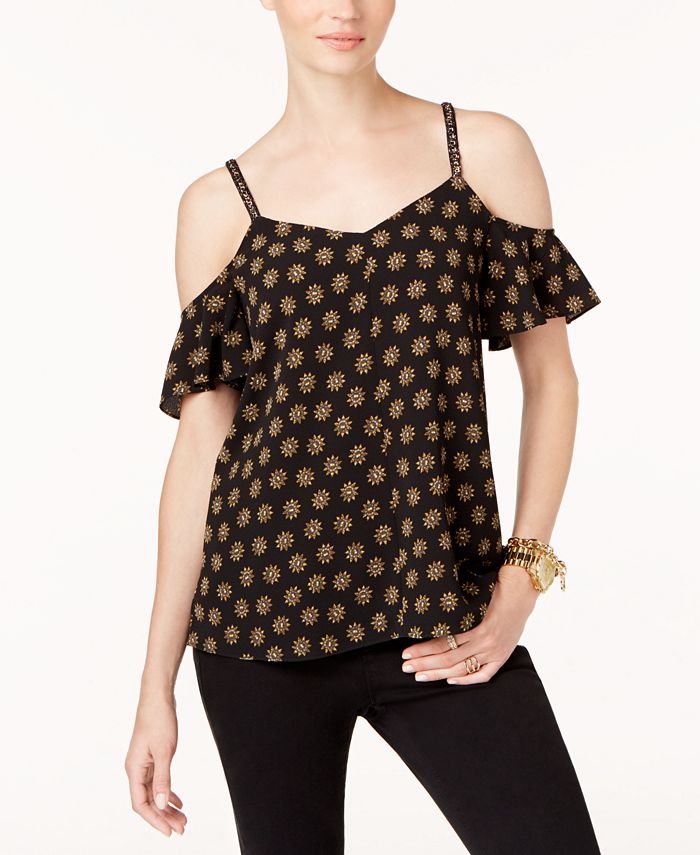 Michael Kors Women's Printed Velvet Chain Cold Shoulder Top Gray Size Large