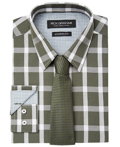 Nick Graham Men's Fitted Graph Buffalo Check Dress Shirt & Textured Geo