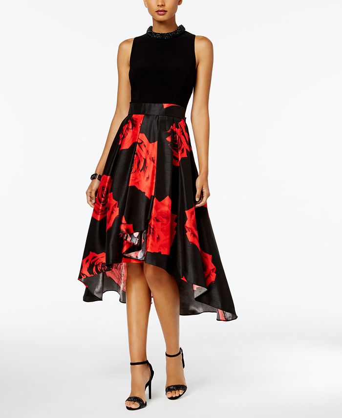 Sl Fashions Womens Embellished Neck Floral Skirt Dress Black Size 16w