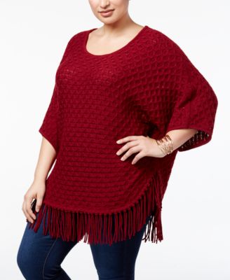 NY Collection - Plus Size Fringe-Hem Poncho Sweater
