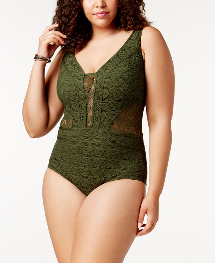 BECCA ETC Plus Size Crocheted Illusion One-Piece Swimsuit Grey 0X (14-16)