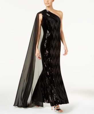 Calvin Klein - Sequined Velvet One-Shoulder Cape Gown