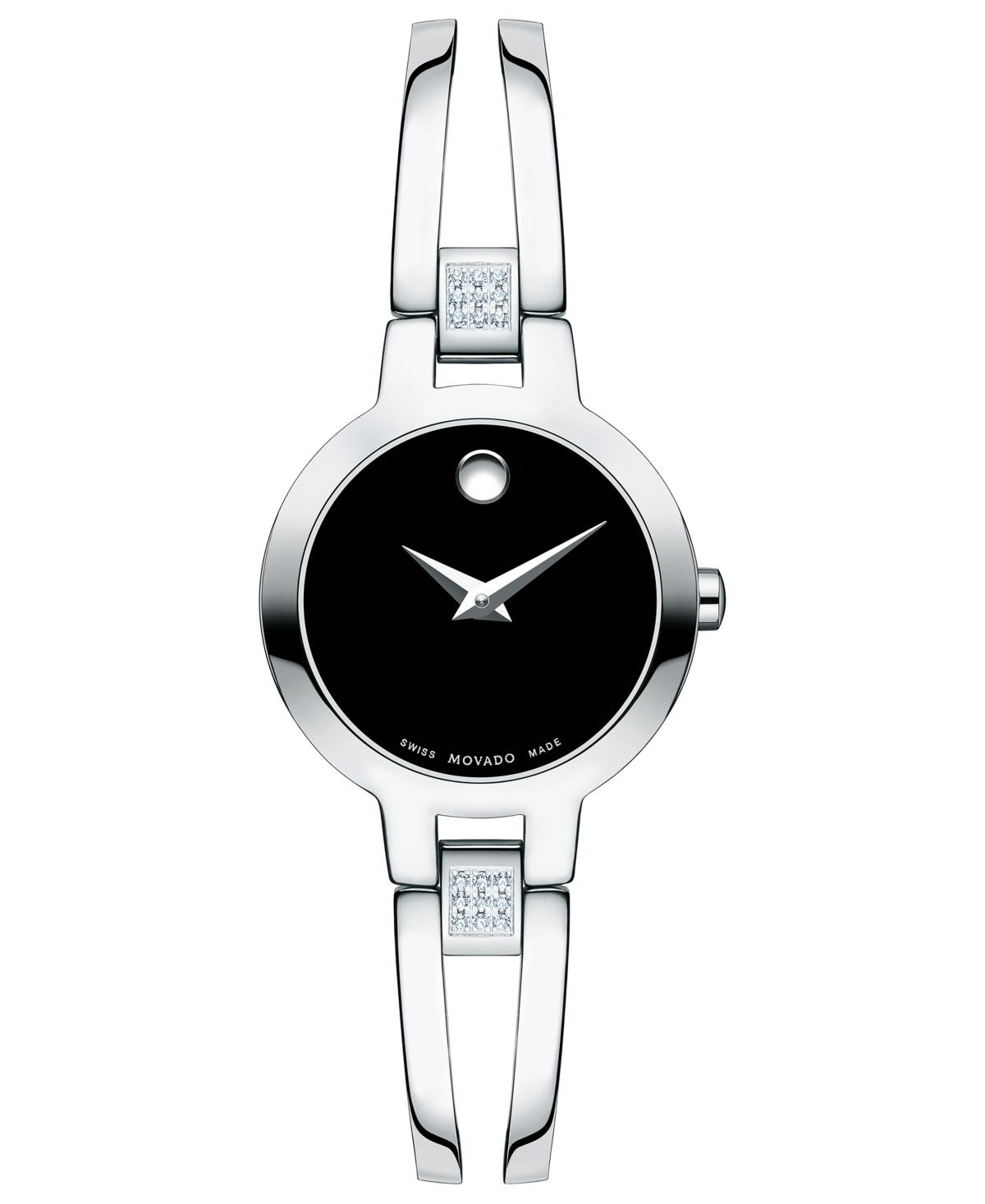 Shop Movado Women's Swiss Amorosa Diamond-accent Stainless Steel Bangle Bracelet Watch 24mm In Silver,black