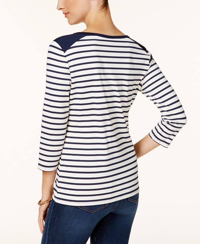Charter Club Women's Striped 3/4 Sleeve Top Blue Size X-Small