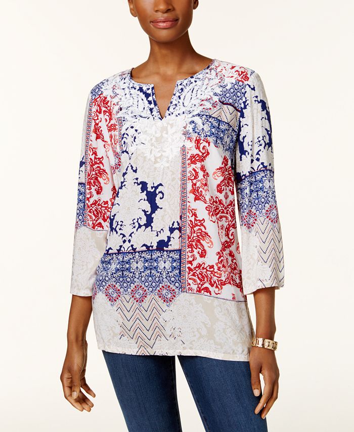 Charter Club Petite Embroidered Printed SplitNeck Tunic, Created for