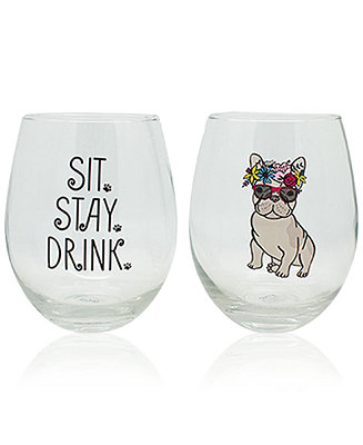 Stemless Wine Glasses Two 22 Oz Goblets French Bulldog Sit Stay Drink Brand New