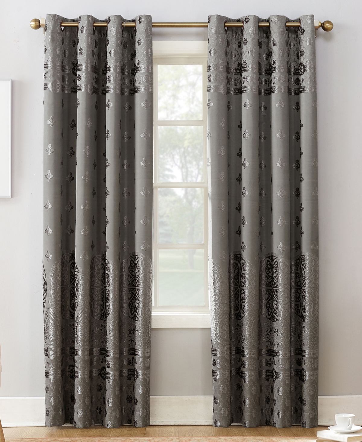 Sun Zero Elidah Textured Velvet Medallion 50" X 84" Blackout Grommet Curtain Panel In Grey