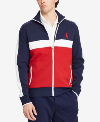 blue and red polo jacket