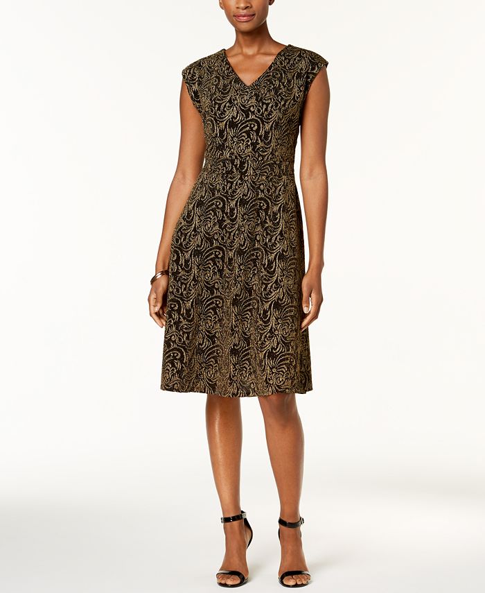 NY Collection Petite Metallic Printed Fit & Flare Dress - Macy's
