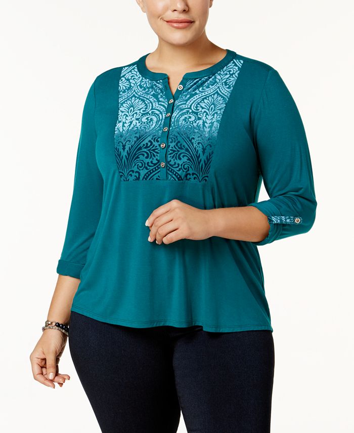 NY Collection Plus Size Velvet-Detail Henley Top - Macy's