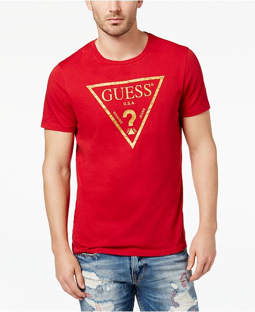 Guess Men S Classic Triangle Metallic Logo Print T Shirt Reviews T Shirts Men Macy S