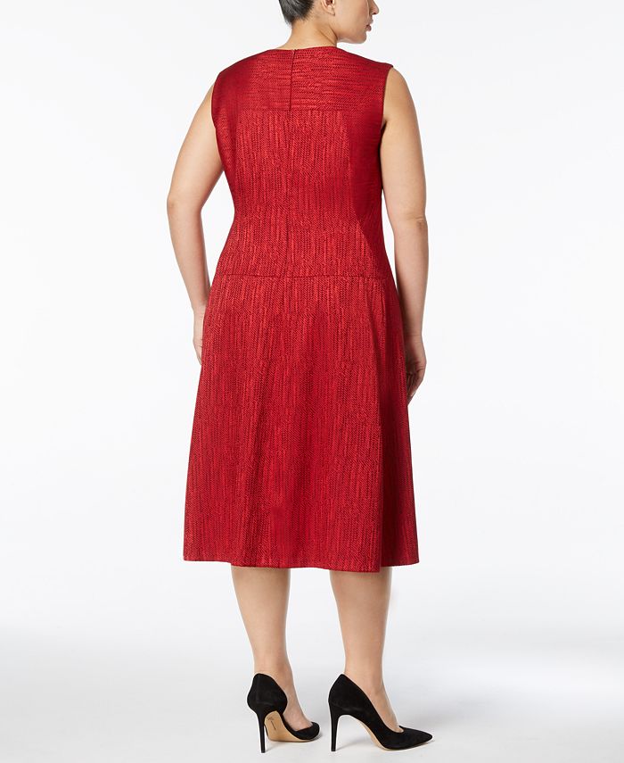 ANNE KLEIN Women's Textured Jacquard Fit & Flare V-Neck Pleated Midi Dress