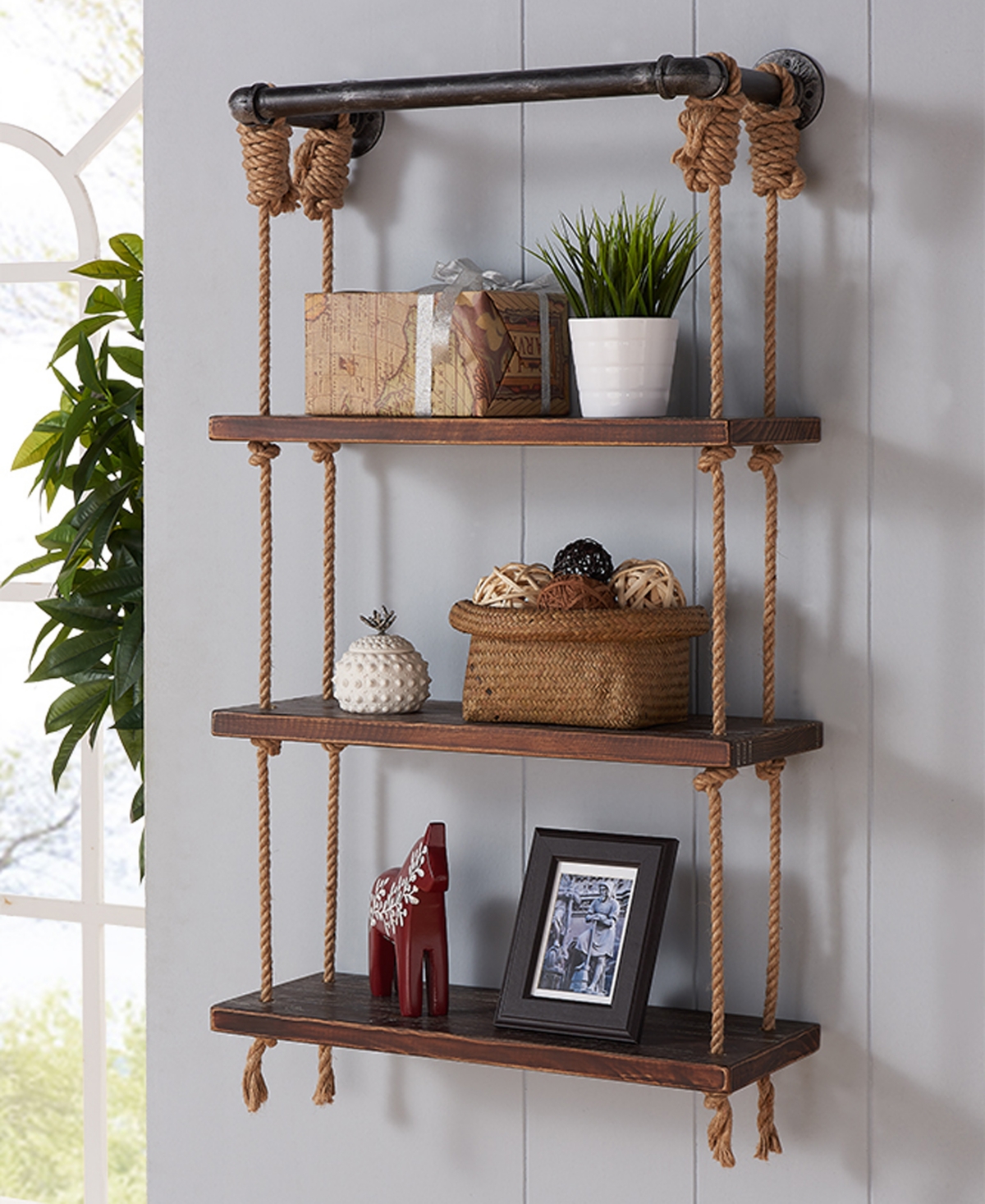 24" Brannon Modern Pine Wood Floating Wall Shelf in Gray and Walnut Finish