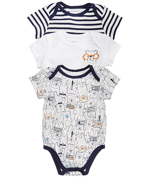 First Impressions Baby Boys 3 Pack Printed Cotton Bodysuits