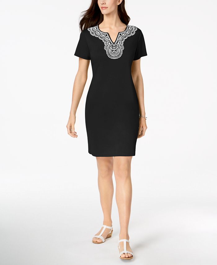 Karen Scott Womens Contrast Trim Cotton Shirtdress Black Size Petite Small main image 1