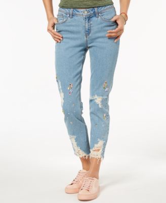 Black Daisy - Juniors' Ripped Jewel-Embellished Skinny Jeans