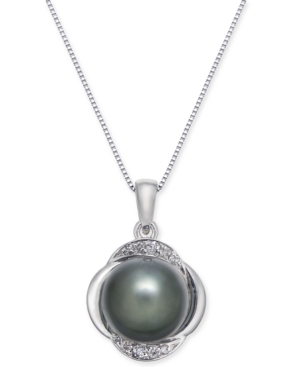 image of Cultured Tahitian Pearl (9mm) & Diamond (1/10 ct. t.w.) Pendant Necklace in 14k White Gold