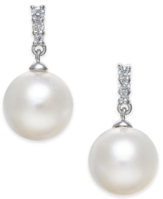 Cultured Freshwater Pearl (8mm) & Diamond Accent Drop Earrings in 14k White Gold