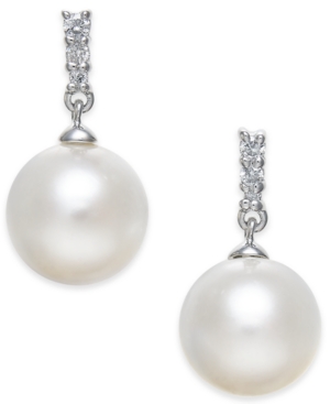 image of Cultured Freshwater Pearl (8mm) & Diamond Accent Drop Earrings in 14k White Gold