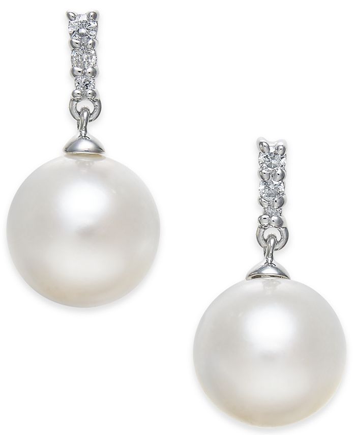 Macy's - Cultured Freshwater Pearl (8mm) & Diamond Accent Drop Earrings in 14k White Gold