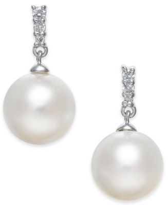 Macy's Cultured Freshwater Pearl (8mm) & Diamond Accent Drop Earrings ...