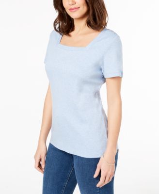 Karen Scott - Cotton Square-Neck Button-Shoulder T-Shirt