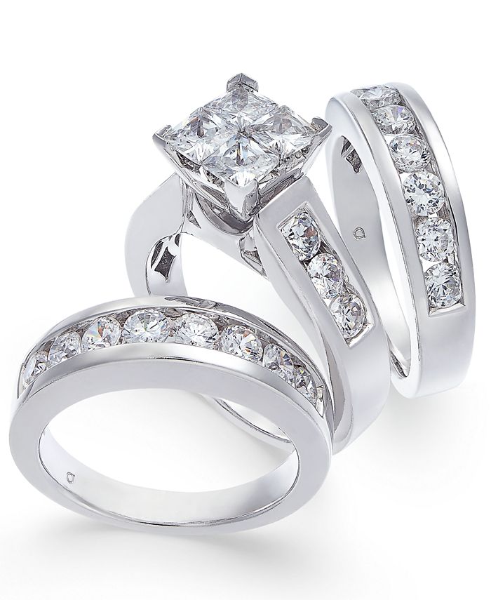 Macy's Diamond Princess Cluster Bridal Set (4 ct. t.w.) in 14k White ...