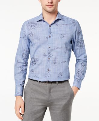 Tallia - Men's Slim-Fit Blue Ink Sketch Floral-Print Dress Shirt