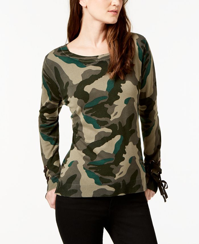 INC International Concepts I.N.C. Lace-Up Camo-Print Sweater, Created ...