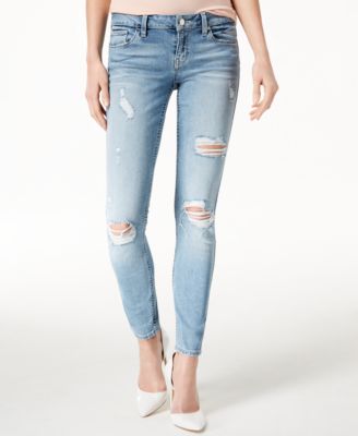 GUESS - Low-Rise Distressed Skinny Jeans, Light Blue Wash