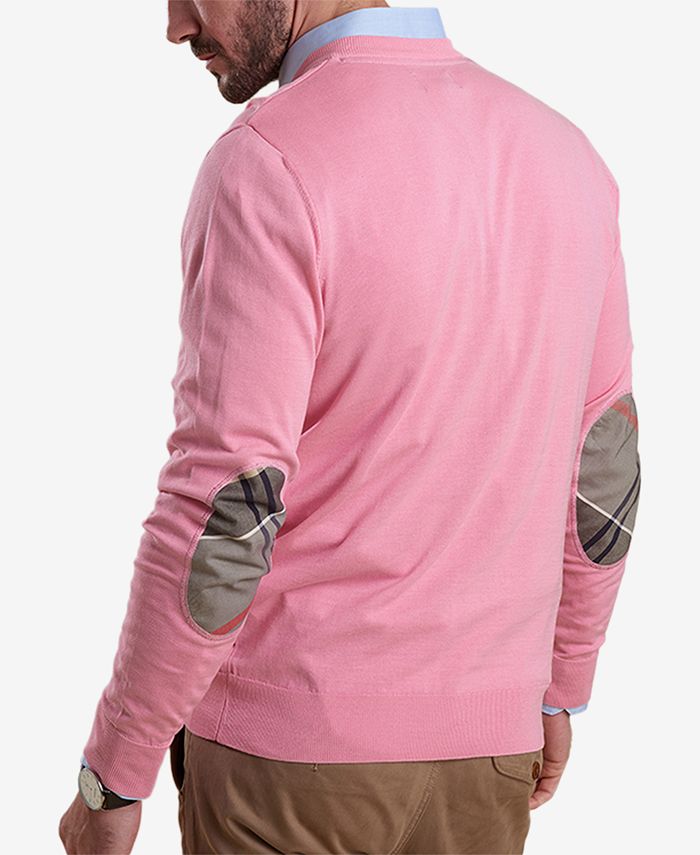 Barbour Men's Clyde Medium Pink VNeck Sweater with Tartan Elbow