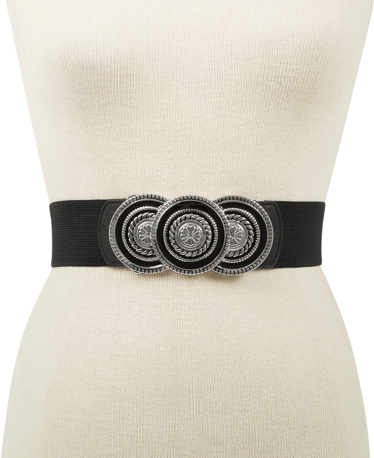 Inc International Concepts Round-buckle Stretch Belt, Created For Macy's In Black,silver
