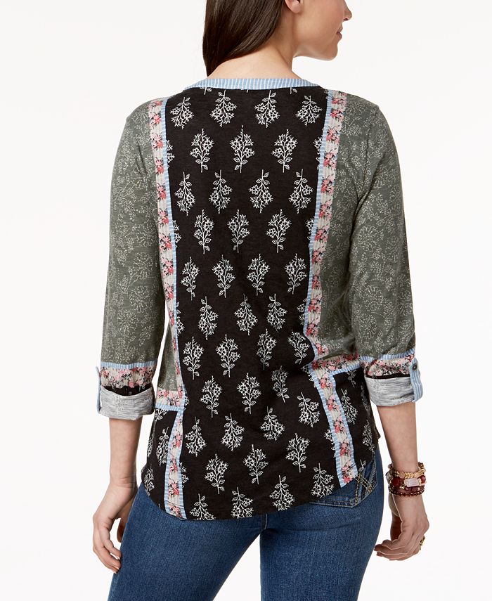 Style & Co MixedPrint TabSleeve Henley, Created for Macy's Macy's