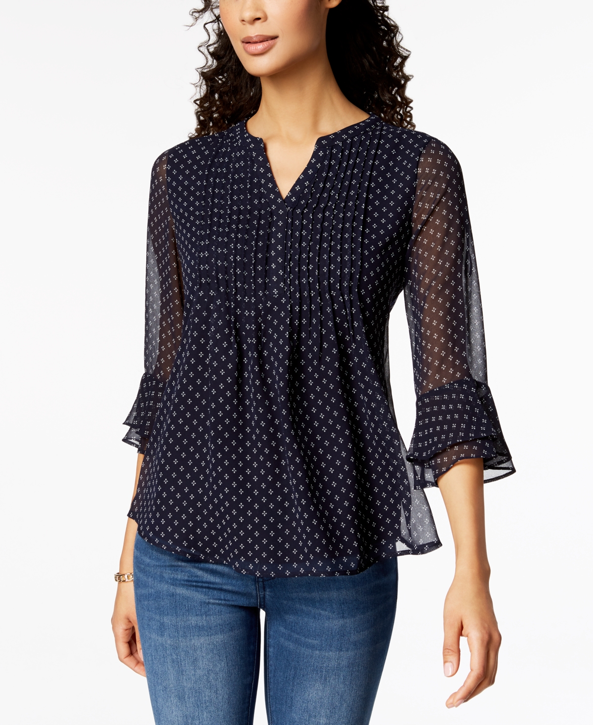 Women's Printed Pintuck Top, Created for Macy's - Intrepid Blue