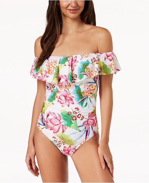 La Blanca Bora Bora Printed Off The Shoulder Ruffle Tummy Control