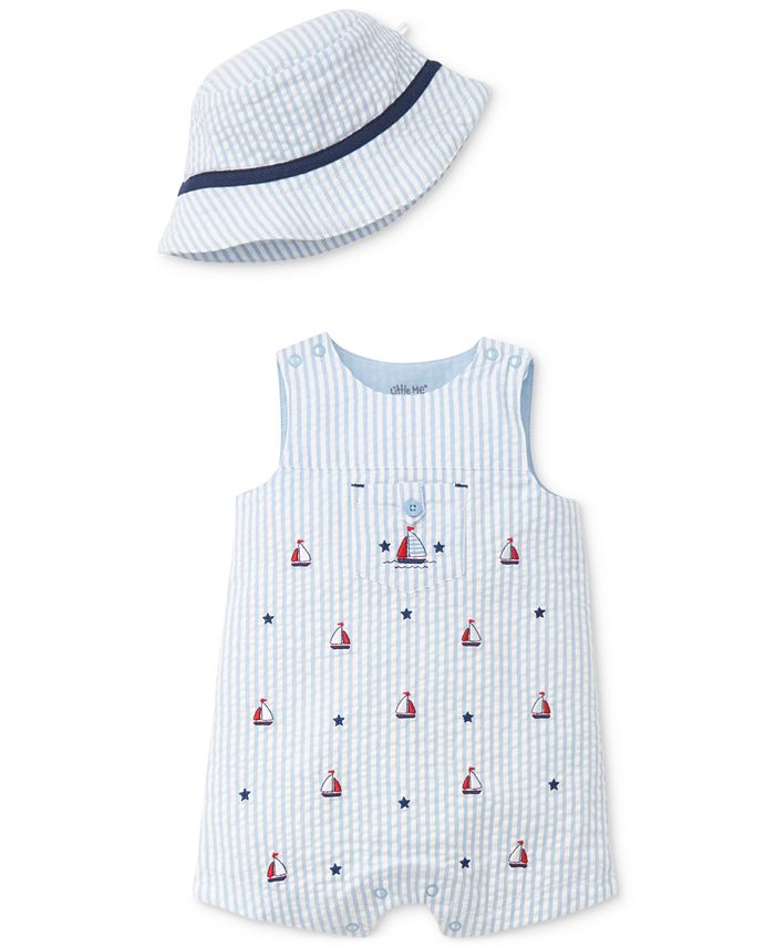 Luli & Me Baby / Toddler Boys Seersucker Check Shortall - Turquoise