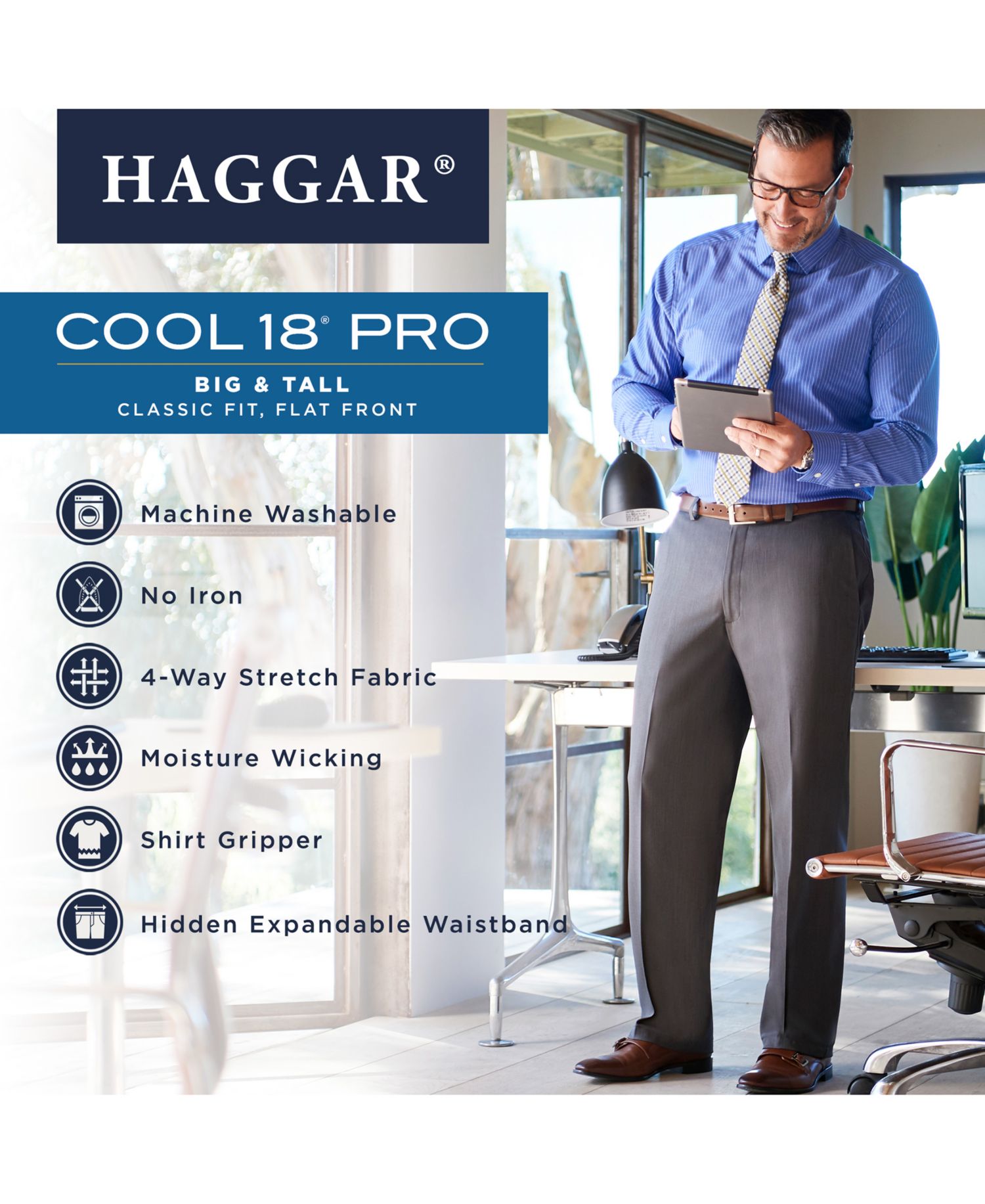 Men's Big & Tall Cool 18® PRO Classic-Fit Expandable Waist Flat Front Stretch Dress Pants