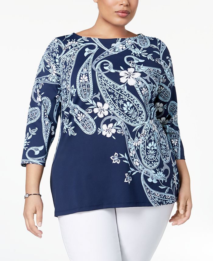 Charter Club Plus Size Boat-Neck Printed Top, Created for Macy's - Macy's