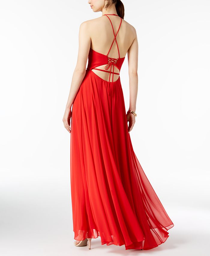 betsy and adam ruffled v neck gown