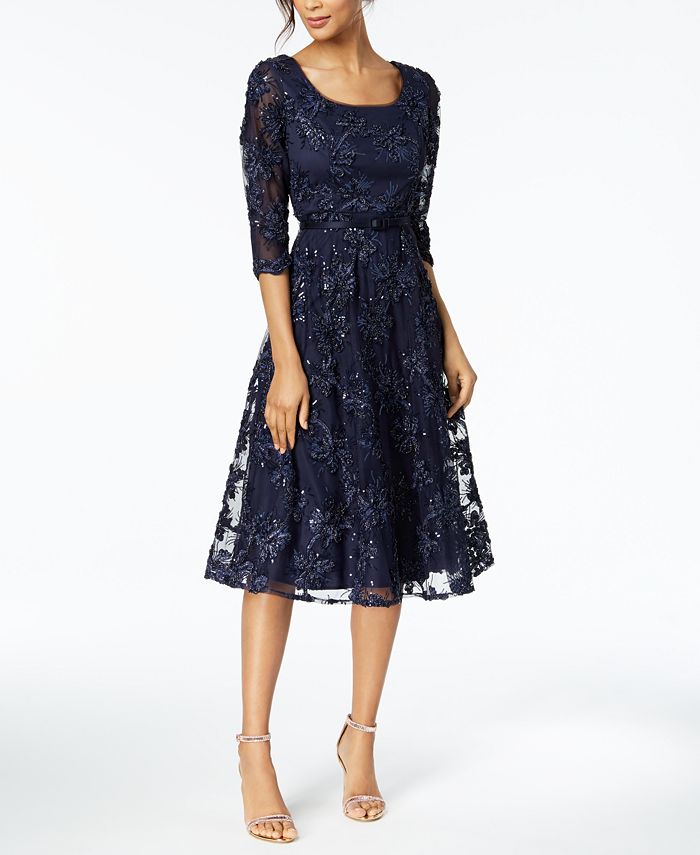 Alex Evenings Belted Sequined Midi Dress - Macy's